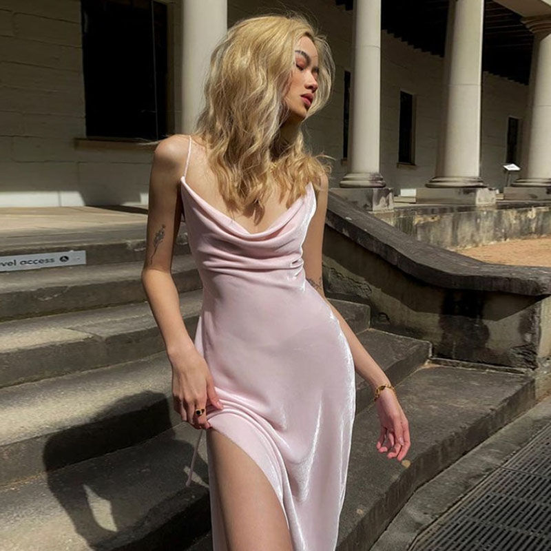 HOUZHOU Sexy Low Cut Summer Dress Woman Elegant Pink Sexy Bodycon Slim High Slit Velvet Spaghetti Strap Vintage Midi Long Dress