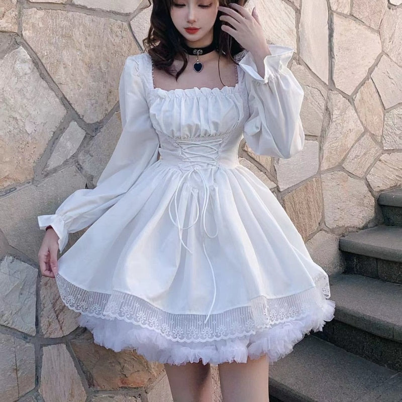 Lizakosht-White Lolita Dress Kawaii Vinatge Long Sleeve Mini Dresses Black Gothic Bandage Lace Patchwork Streetwear Square Collar