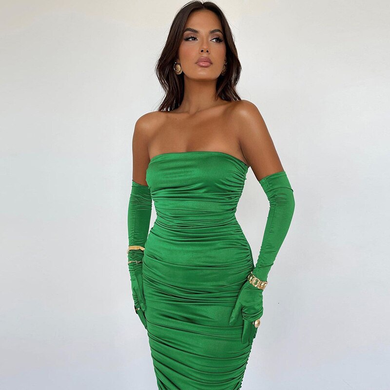 Lizakosht Green Ruched Strapless Party Dress Women Drawstring Elegant Fashion New Sexy Off Shoulder Sleeveless Midi Tight Dress