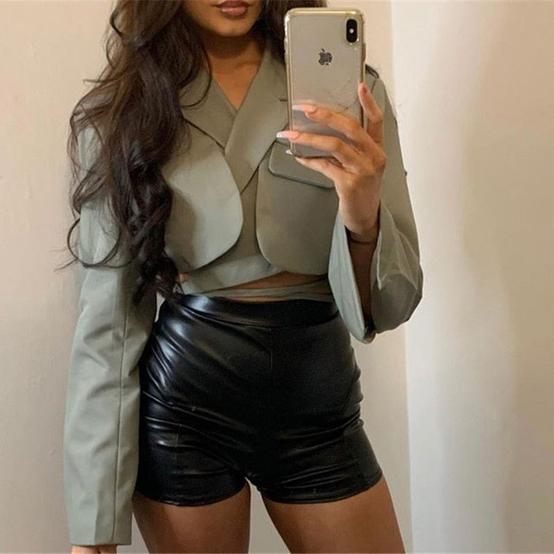 Foridol Belt Lace Up Cropped Blazer Tops Women Autumn Winter Long Sleeve Streetwear Oversized Blazer 2022 Grey Tops