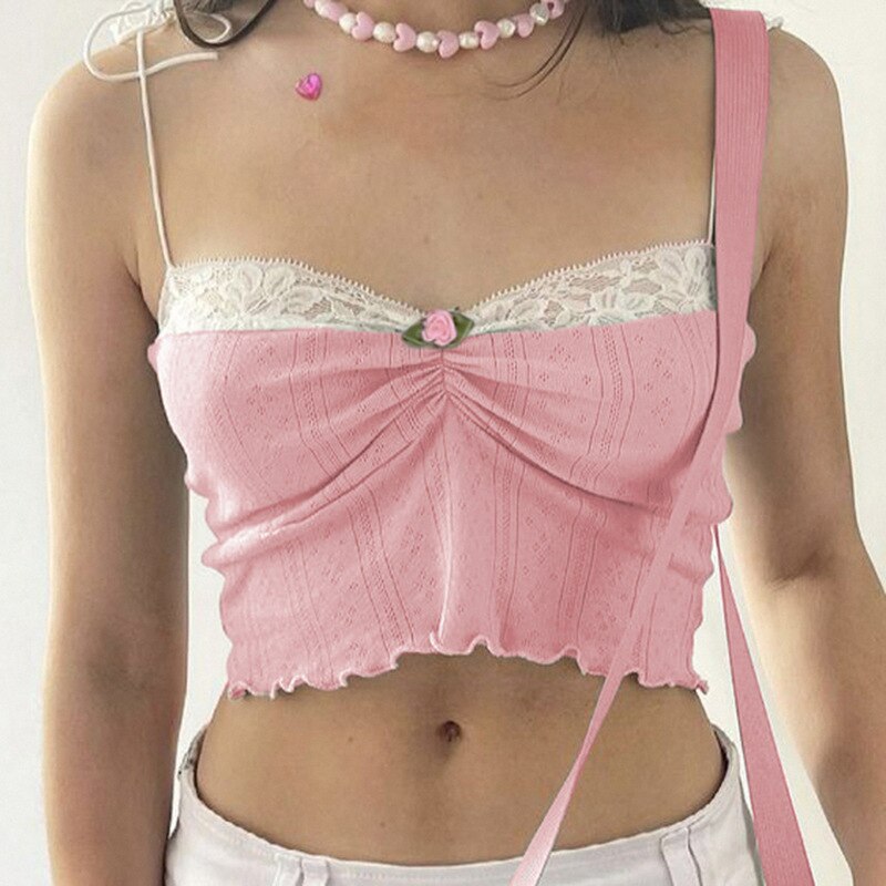 Lizakosht  Solid Color Lace Stitching Lace-up Vest Pleated 2022 New Summer Navel Small Flower Square Collar Suspender Female