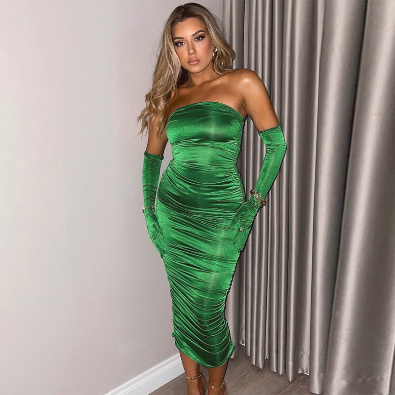 Lizakosht Green Ruched Strapless Party Dress Women Drawstring Elegant Fashion New Sexy Off Shoulder Sleeveless Midi Tight Dress