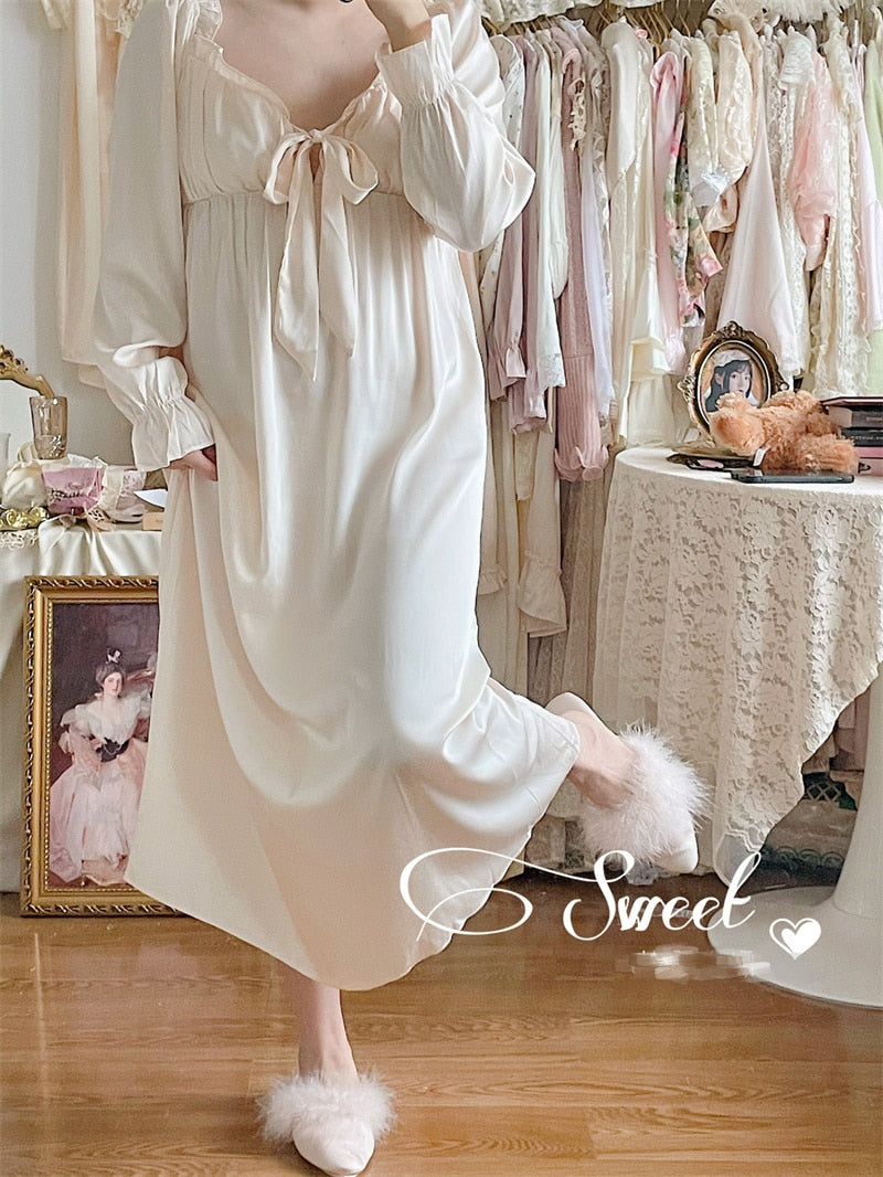 Lizakosht Sexy Ruffles Collar Nightgown Home Dress Gown with Bow Sweet  Princess Style Sleepwear Female Off Shoulder Stain Sleepshirt