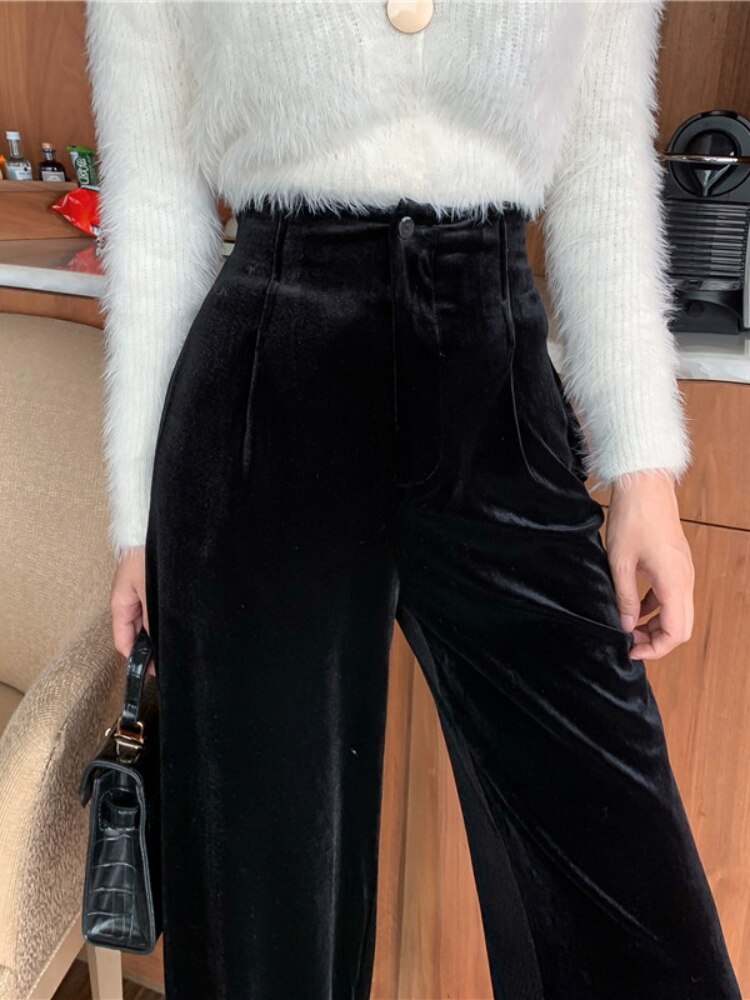 Lizakosht Winter Velvet Elegant Y2k Pants Women Solid Casual Korean Style Wide-legged Pants Loose Casual Designer High-waist Trousers