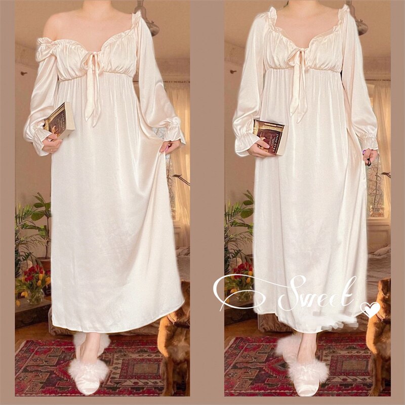 Lizakosht Sexy Ruffles Collar Nightgown Home Dress Gown with Bow Sweet  Princess Style Sleepwear Female Off Shoulder Stain Sleepshirt