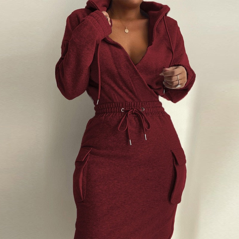 Fashion Long Sleeve Mid Dress Casual V-Neck Hooded Drawstring Solid Bodycon Dress Elegant Elastic Waist Lace Pocket Women Dress