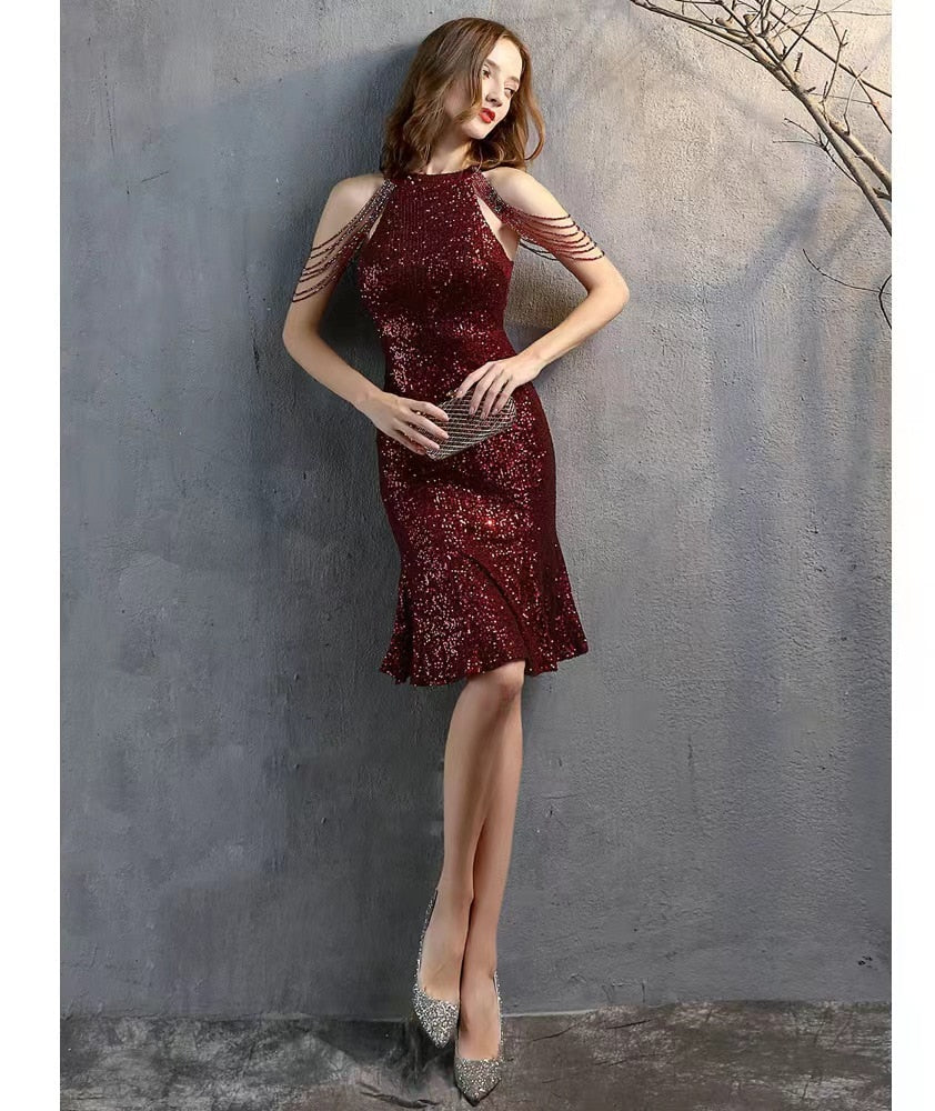 Elegant Chain Sequin Slim Dress Summer Women Fashion Hollow Out Off Shoulder Skinny Club Dresses Ladies Sleeveless Party Dress