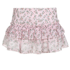 Lizakosht Chiffon Skirts Women Floral Ruffle Lace Patchwork Mini Skirt for Sweet Girl Kawaii Clothes