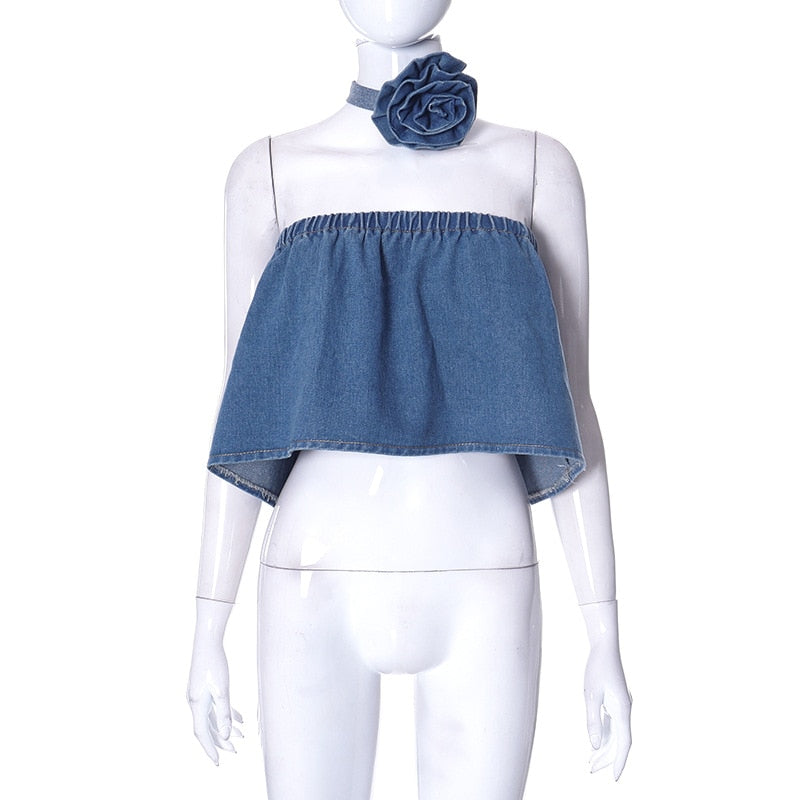 Lizakosht Blue Crop Top Female Denim Corset Women Y2K Off Shoulder Sexy Tube Top Flower Cute Party Wear Beach Holiday Mini Vest Summer Tee