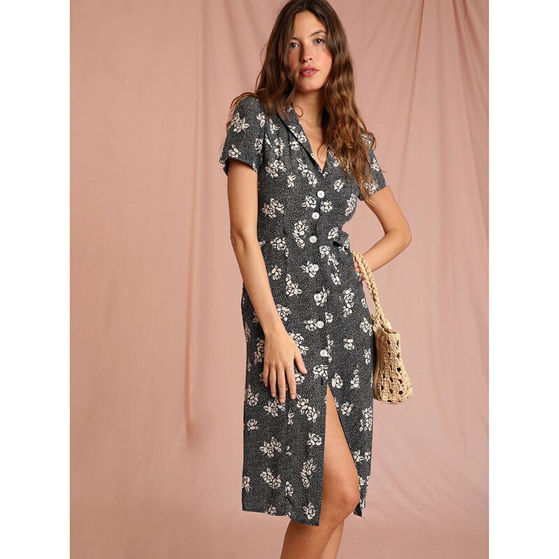 Polka Dot Print Midi Dress Woman Elegant Embroidery Short Sleeve V-neck Vestidos 2022 Summer Femme Vintage Casual Long Robes