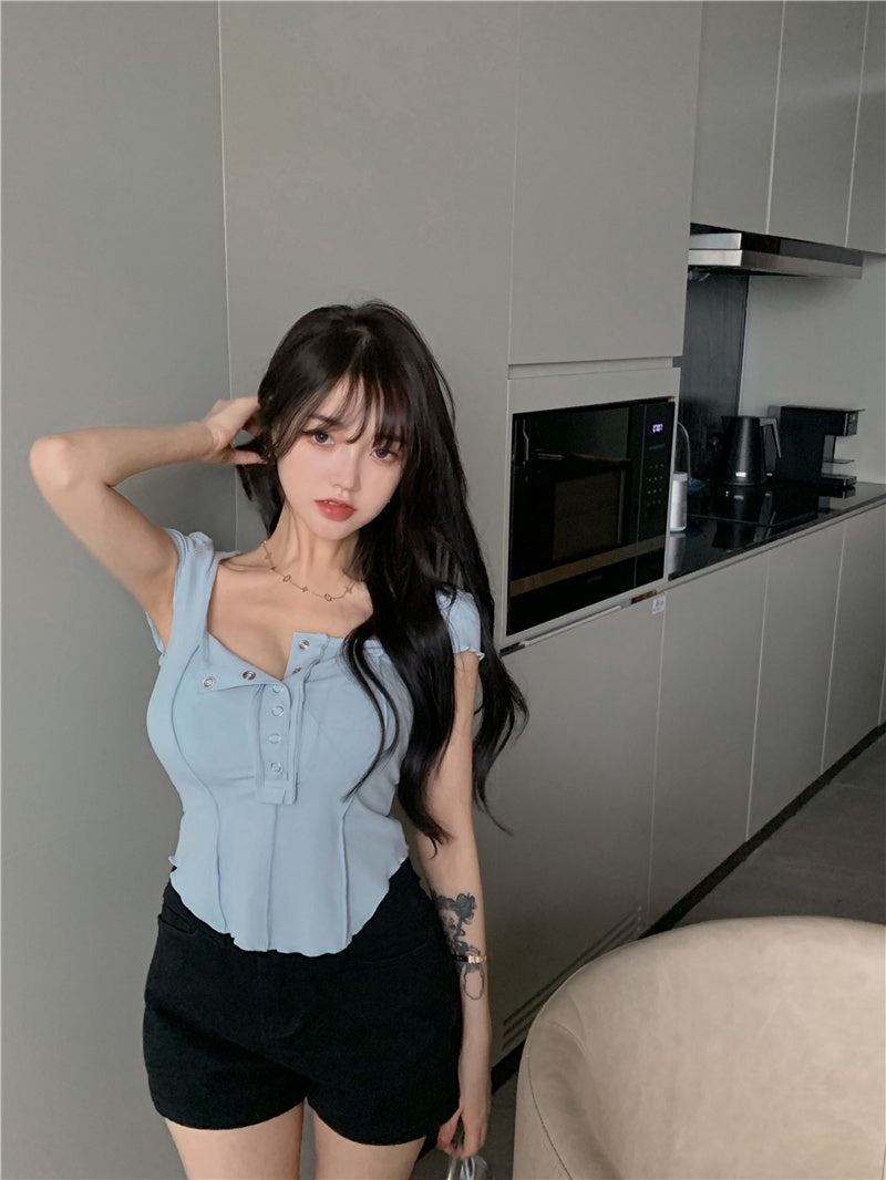 Irregular Waist Y2k T-shirt Short Slim Bottoming Summer T-shirt Square Neck Short Sleeve Crop Tops