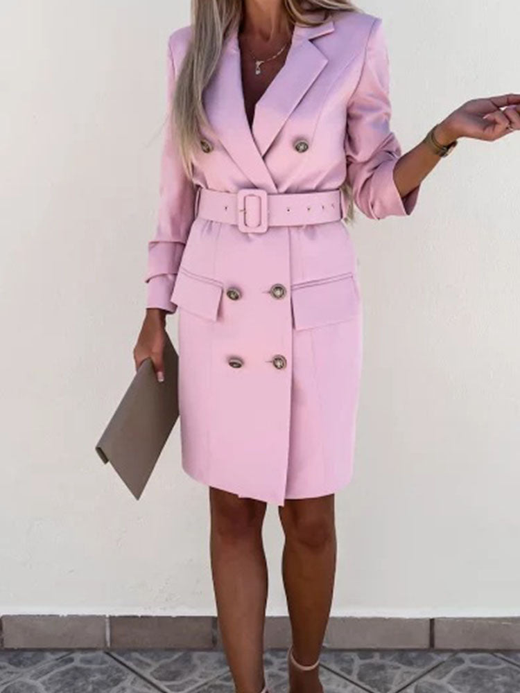 Lizakosht  Sexy Chic Long Sleeve A-Line Coat Dress Women Solid Office Commuter Slim Mini Dress Elegant Lapel Double Breasted Lace-Up Dress