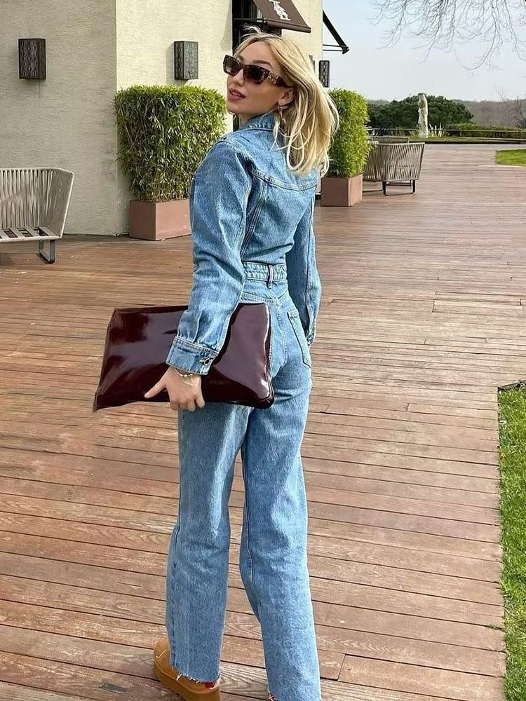 Lizakosht Women 2023 New Chic Fashion Straight Denim jumpsuit Vintage Long Sleeve Female long Jumpsuits Mujer