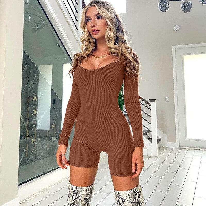 Lizakosht Fall Spring Basic Solid Ribbed Long Sleeve Playsuit Women Slim-fit Hip-lifting Sports Romper Casual Skinny One Piece 2023 New