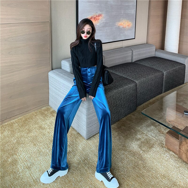 Lizakosht Winter Velvet Elegant Y2k Pants Women Solid Casual Korean Style Wide-legged Pants Loose Casual Designer High-waist Trousers