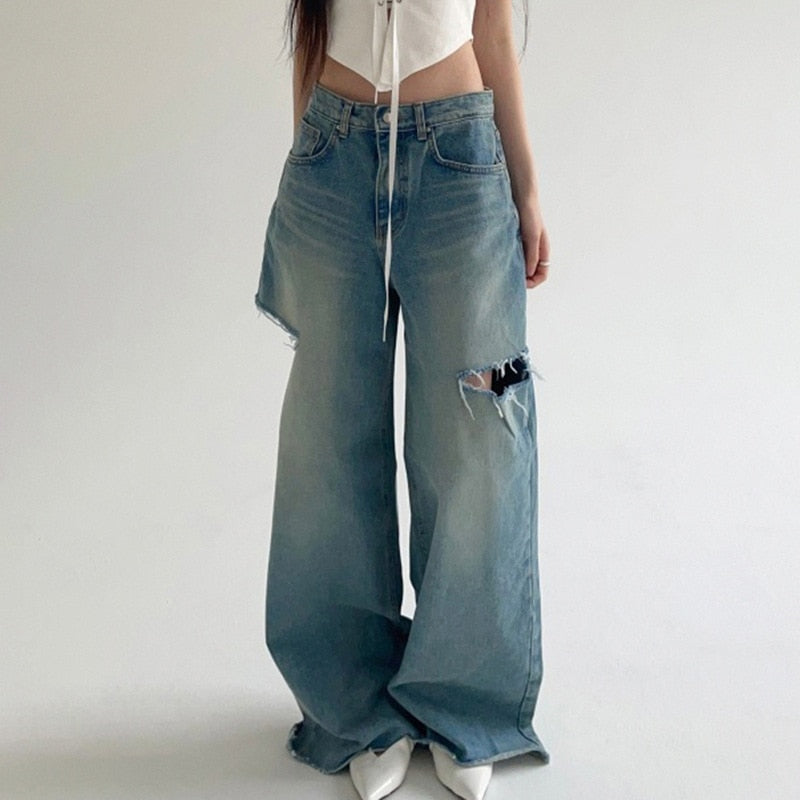 Lizakosht Fashion Hollowed Out Women Baggy Jeans Y2K Streetwear Retro Loose Wide-Leg Overalls Couple Casual Joker Mopping Denim Pants