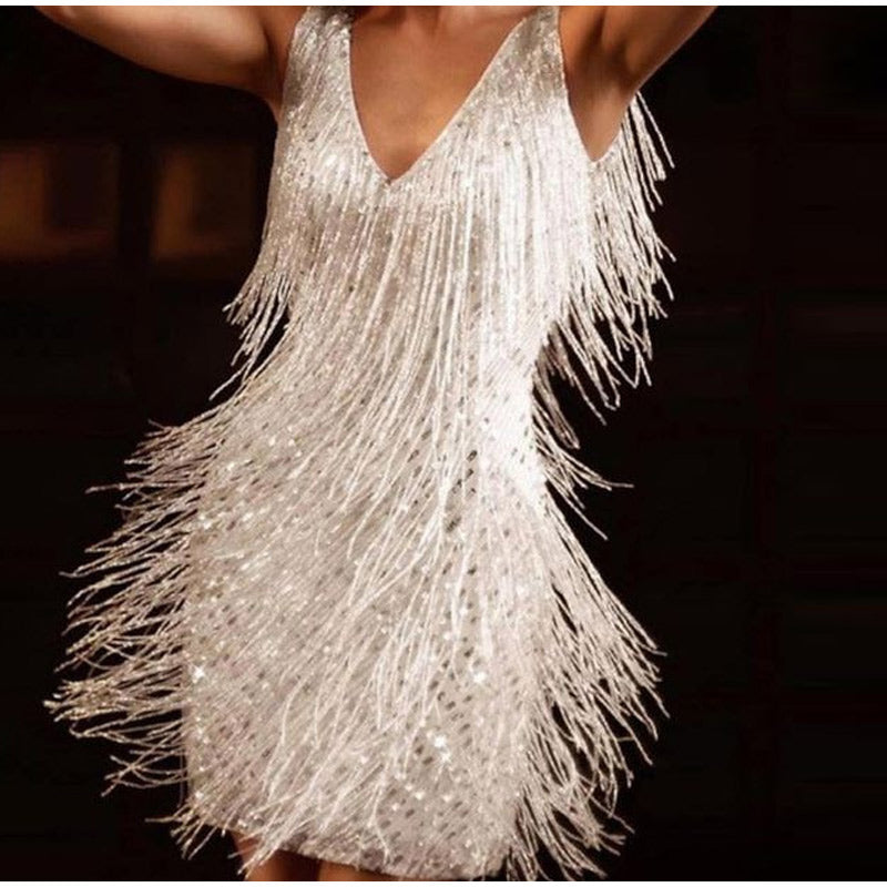 Tassel V Neck Spaghetti Strap Mini Dress Women Summer Sexy Bronzing Evening Dresses Lady Elegant Sleeveless Zipper Vestido