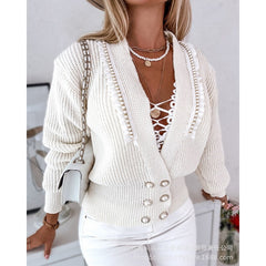 Lizakosht Pearls Frill Hem Knitted Cardigan Sweater Top for Women INS Y2K Clothes Long Sleeve V Neck Corset Knitwear