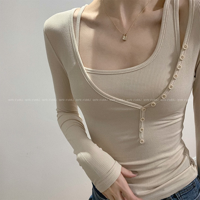 T-shirt Women's Irregular Short Slim Long Sleeve Bottoming Shirt 2022 Spring New Tights Two-piece Suit