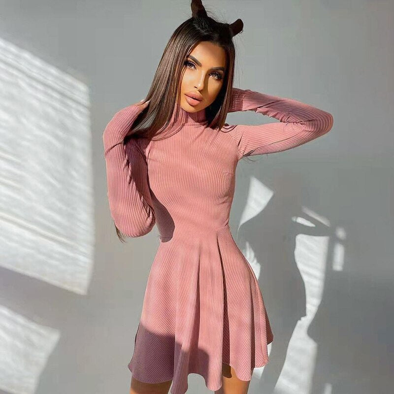 Tossy Women Turtleneck Long Sleeve Elegant Solid Dresses Ladies Knitted Bottoming A-line Pleated Dress Casual Fashion Streetwear