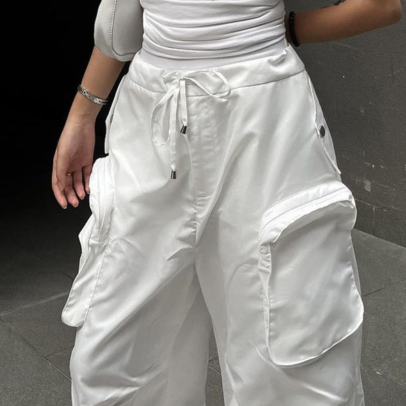 Lizakosht White Drawstring Cargo Pants Women Y2k Wide Leg Joggers Parachute Pants Trousers Multi Pockets Mid Waist Hip Hop Sweatpants