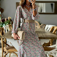 New Autumn Pattern Print Waisted Party Dress Elegant Casual V Neck Long Sleeve Dress Spring Commute Slim A-Line Boho Maxi Dress