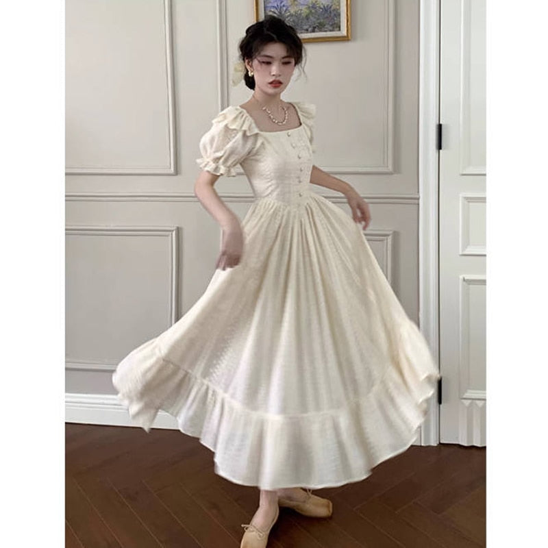 Lizakosht Elegant Square Collar White Dress Summer Fashion Puff Sleeve Ruffle Dress for Women Chic Vintage Maxi Dresses New