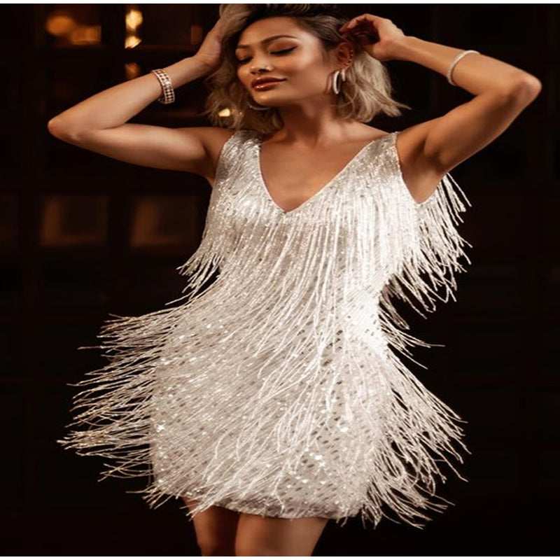 Tassel V Neck Spaghetti Strap Mini Dress Women Summer Sexy Bronzing Evening Dresses Lady Elegant Sleeveless Zipper Vestido