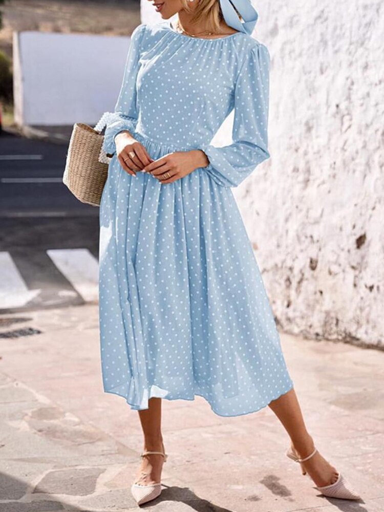 Spring Elegant O-Neck Long Sleeve Midi Dress Elegant Casual Dot Printed Pleat Dress Women Office Commute Backless Zipper Dresses