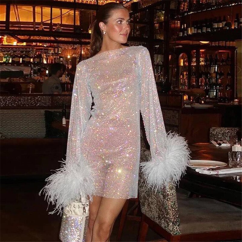 Lizakosht Sexy Bling Mesh Feathers Rhinestone Women Dress Long Sleeves Diamond Fishnet Hollow Out See Through Evening Party Dress