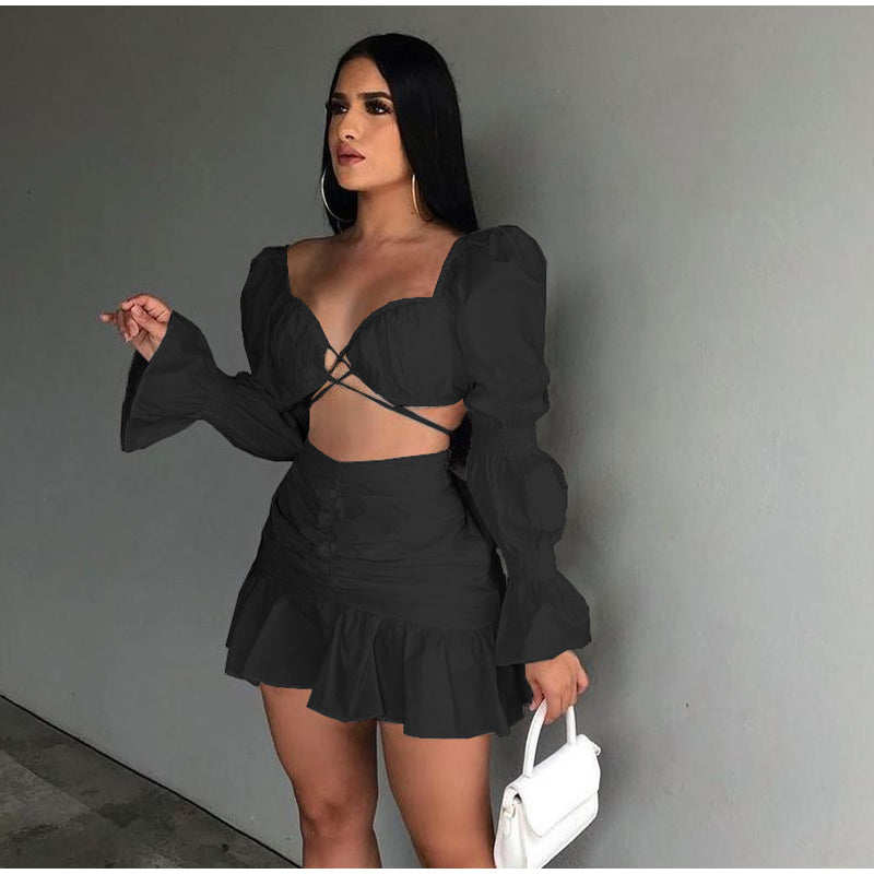 Lizakosht  Sexy Solid Tops Suits Women Fashion Tie Belt Long Sleeve Hollow Out Suit Women Elegant Mini Skirts Suits Female Summer Outfit