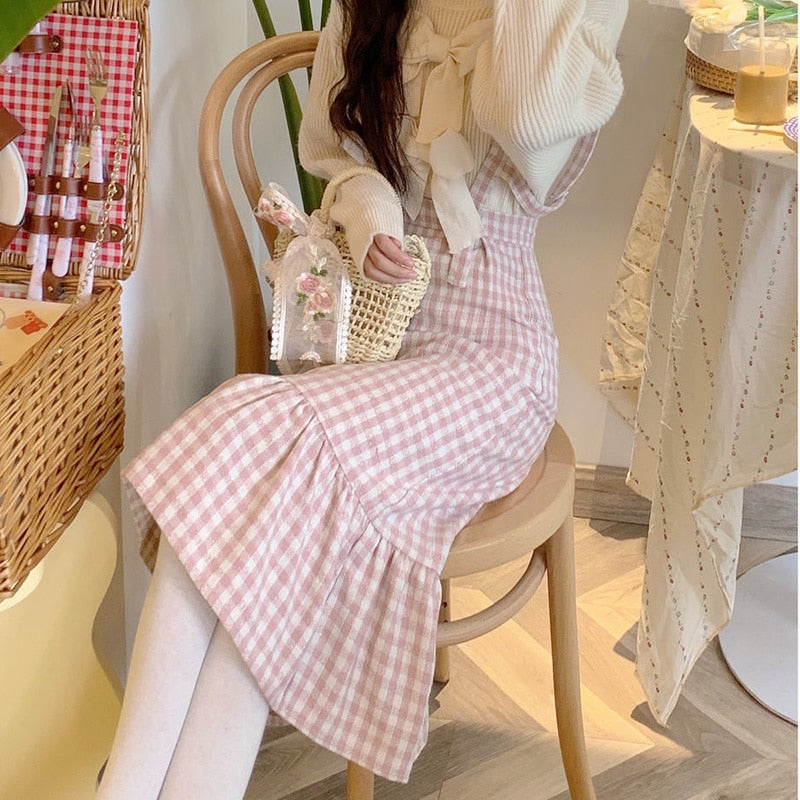 Kawaii Woolen Pink Plaid Mermaid Skirt Women Autumn Japanese Sweet Elegant High Waist Slim Strap Long Skirts Soft Girl