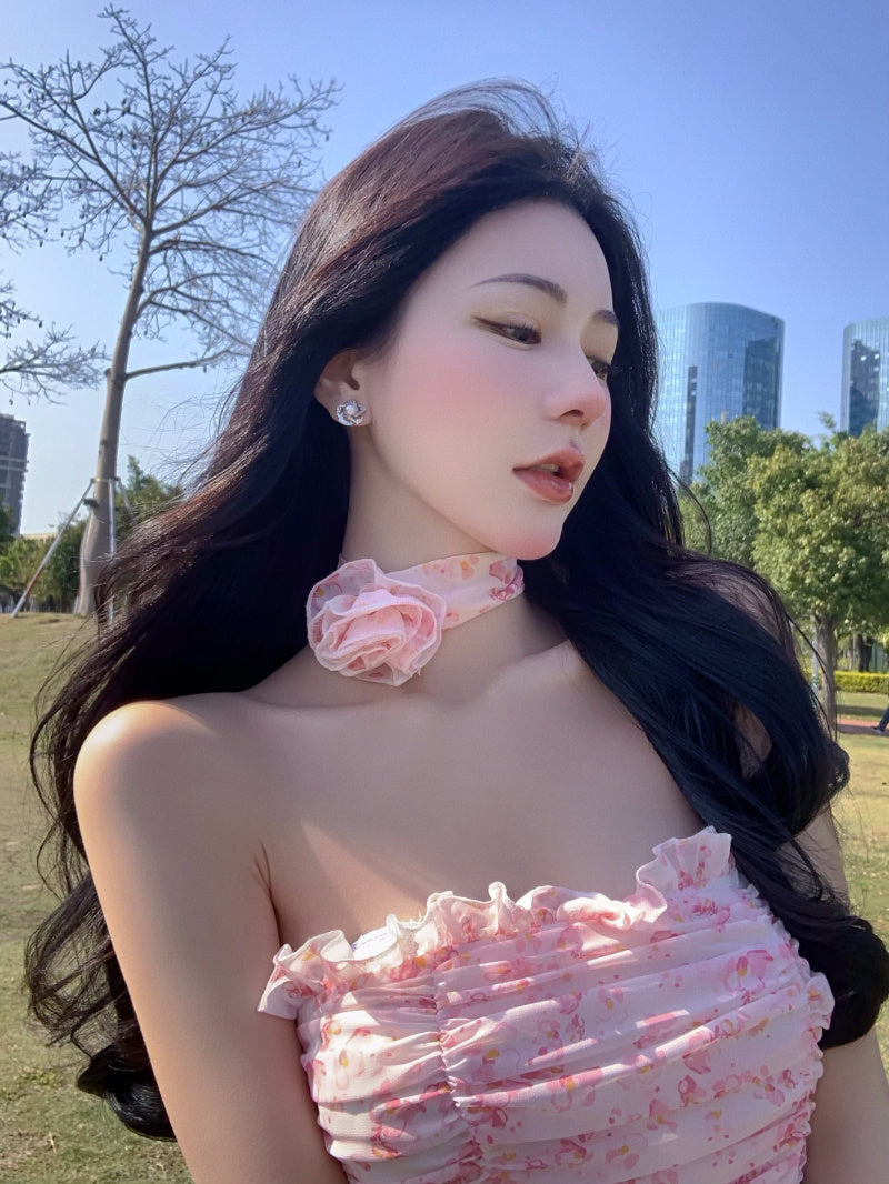 Casual Strapless Sexy Summer Dresses For Women 2022 Korean Floral Print Chiffon Beach Holiday Mini Dress Elegant Party Dress