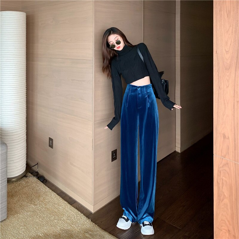 Lizakosht Winter Velvet Elegant Y2k Pants Women Solid Casual Korean Style Wide-legged Pants Loose Casual Designer High-waist Trousers