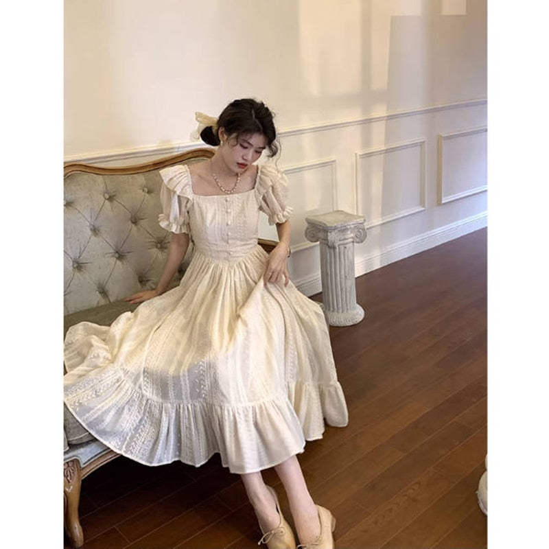 Lizakosht Elegant Square Collar White Dress Summer Fashion Puff Sleeve Ruffle Dress for Women Chic Vintage Maxi Dresses New