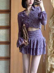 Lizakosht Purple France Vintage Two Piece Set Women Summer Lace Sexy Mini Skirt Suit Female Korean Fashion Hight Waist Skirt Suit New