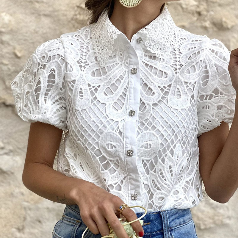 Lizakosht High Street Puff Short Sleeve Lace Blouse Top Office Fashion Hollow Shirt t Shirt Commute Women O Neck Solid Jacquard Pullover