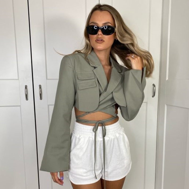 Foridol Belt Lace Up Cropped Blazer Tops Women Autumn Winter Long Sleeve Streetwear Oversized Blazer 2022 Grey Tops