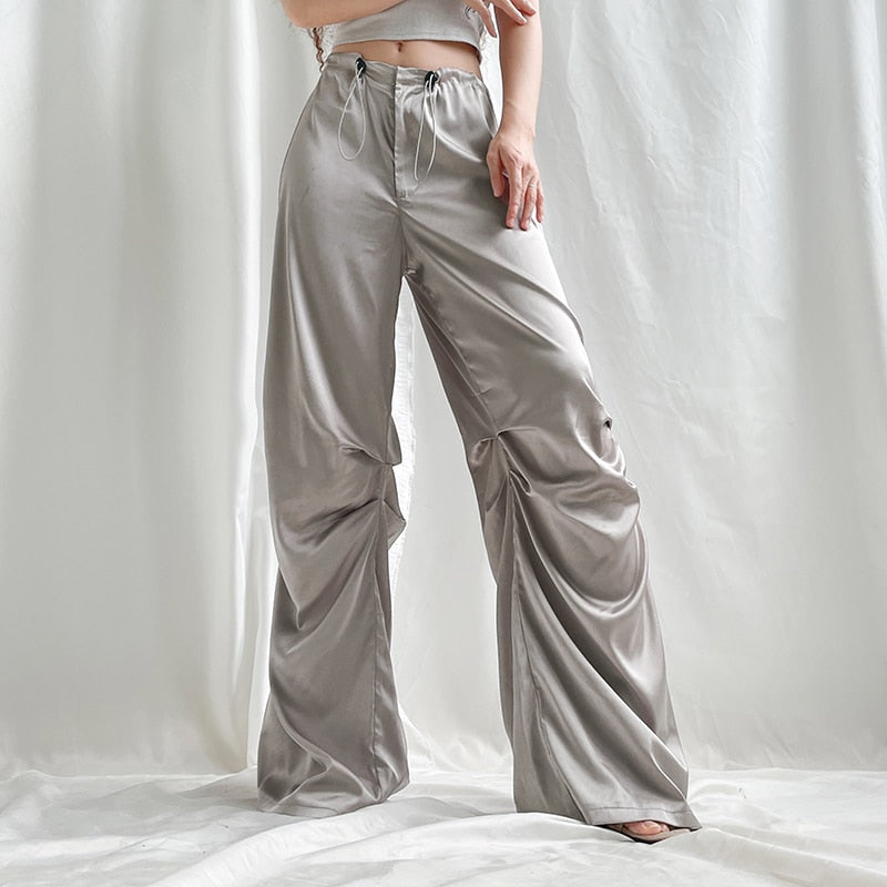 Lizakosht Fashion Satin Wide Leg Women's Pants Baggy Drawstring Jogging Sweatpants Summer Fashion Low Rise Trouser Elegant Streetwear