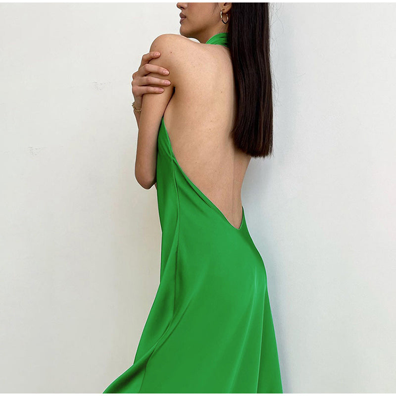 Satin Sexy Halter Backless Long Women Dress Green High Waist Ladies Dresses 2022 Summer Elegant Loose Midi Female Vestidos