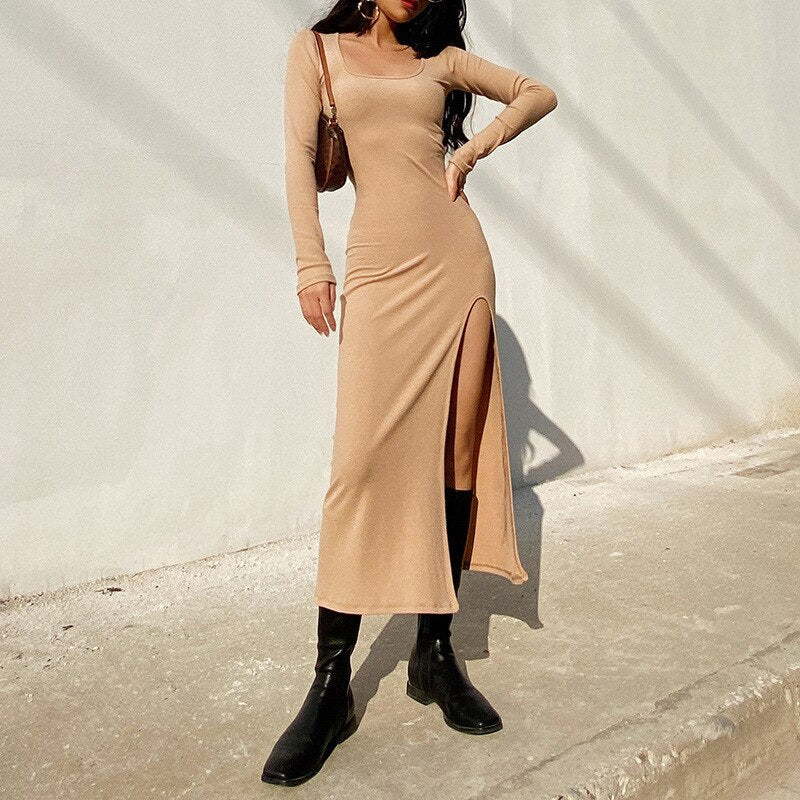 Lizakosht European Style Women Spring Long Sleeve Dress Side Split Sexy Solid Slim Sheath Female Vestidos Elastics