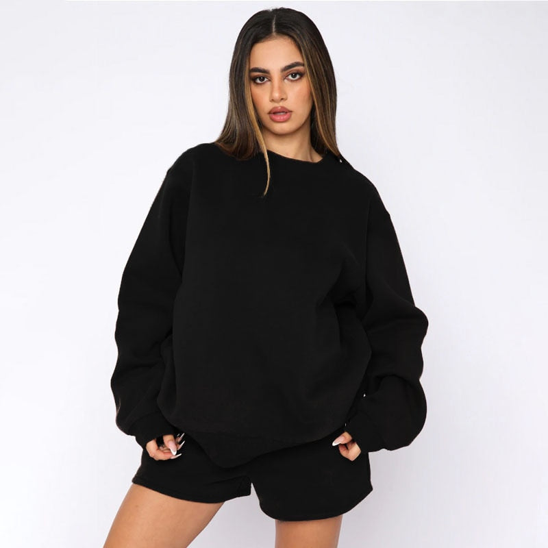 Lizakosht Tracksuit Women Two Piece Set Long Sleeve Sweatshirt Short Pants Autumn Outfits Cotton Solid Female Shorts Suit