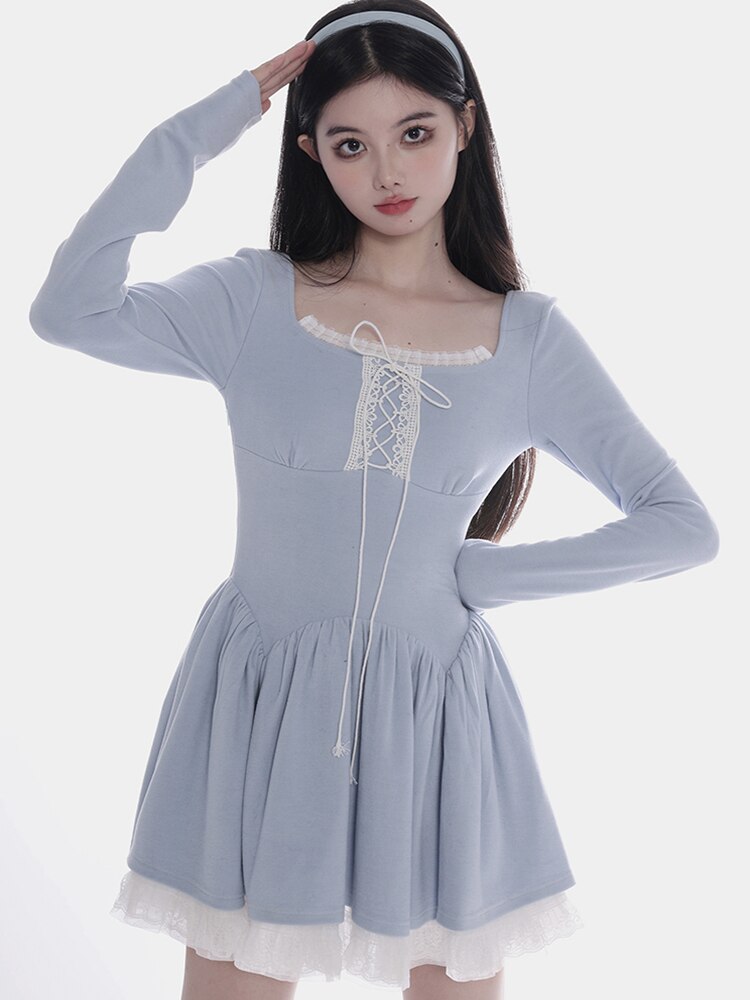 Lizakosht Sweet Dresses Women Summer Long Sleeve Lace Trim Square Collar Lace-up A-line Chic Fashion Mini Dress for Kawaii Girls