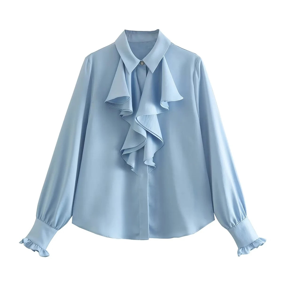 Lizakosht Ruffles Folds Light Blue Office Lady Satin Shirt Blouse Long Sleeve Spring Fashion Solid Button Up Blusa Autumn 2023