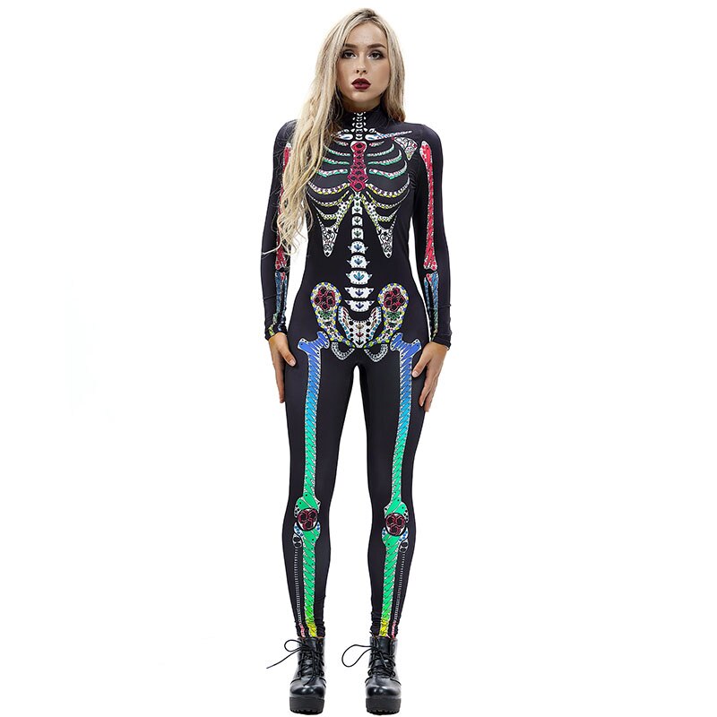 Scary Halloween Skeleton Bone Print Costume Adult Women Horror Carnival Blood Catsuit Jumpsuit X Ray Long Sleeves Bodysuit