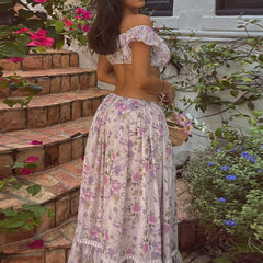 Lizakosht Boho Beach Holiay 2 Piece Set Y2K Floral Off Shoulder Crop Tops+Loose Ruffles A-line Skirt Vintage Backless T-shirt Women