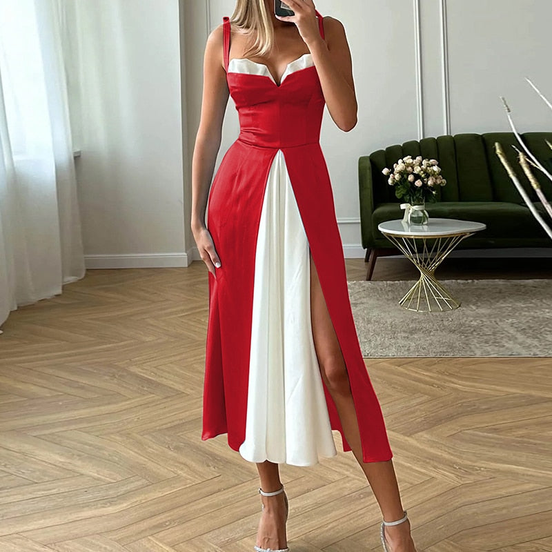 Lizakosht Ladies Tube Top Bow Sling Long Dress Fashion Loose Women Pleated Summer A-line Dress Sexy Patchwork High Split Party Dresses