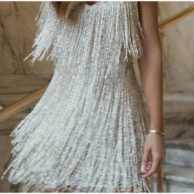 Tassel V Neck Spaghetti Strap Mini Dress Women Summer Sexy Bronzing Evening Dresses Lady Elegant Sleeveless Zipper Vestido