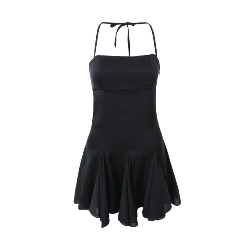 Lizakosht 2023 Spring Summer New Sexy Slim Fashion Women Halter Neck Tie Backless Pleated Short Strap Mini Dress Female