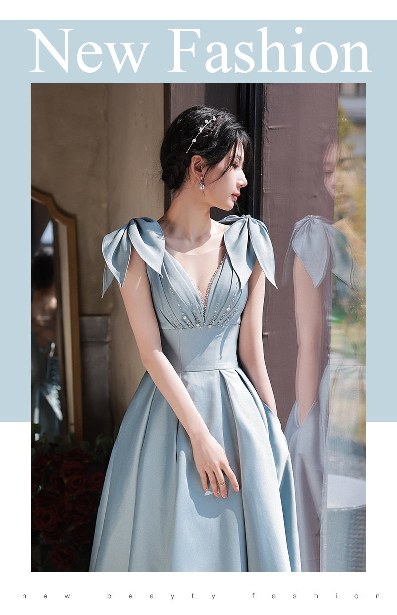 Elegant Blue Evening Dress French Backless Temperament  V-Neck Empire Slim Graduation Birthday Party Gonws